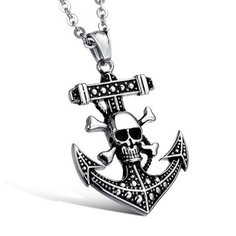 Pirate Ship Hip-Hop Men's Necklace Japanese and Korean-style One Piece Skull Anchor Pendant Men's Hanging Jewelry Pendant Steel Chain Trendy