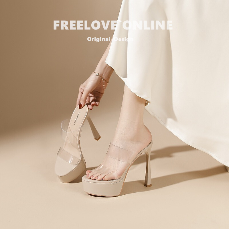 Sheepskin Version~Hong Kong High-Heeled Slippers with a Stylish Look for Outdoor Wear, Thin Heels, Waterproof Platform, Transparent Strap, Sexy High Heels