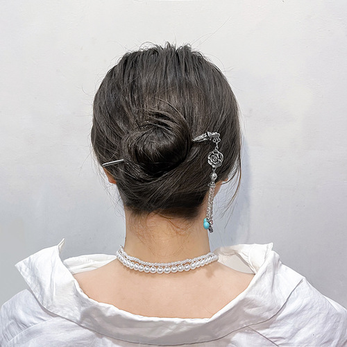 New Chinese style national trend hairpin, ethnic minority style Hanfu palace walking turquoise hollow flower tassel hairpin