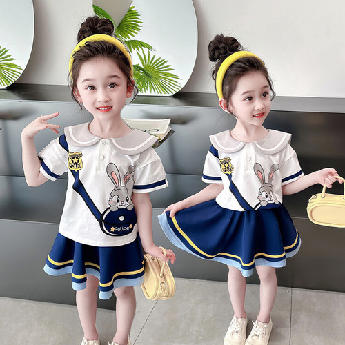 2024 Girls' Set Dress Fashionable and Stylish Primary School Uniform Two-Piece Set Children's Baby Summer Outfit College Style