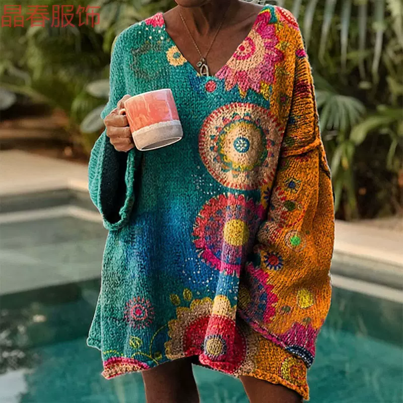 外贸跨境新款抽象印花休闲披风外套开衫毛衣