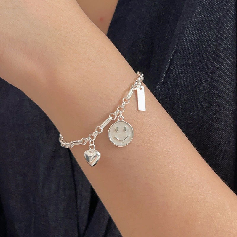 Chiheng S925 Sterling Silver Smiley Face Bracelet for Women Ins Niche High-End Simple Cold Style Heart Bracelet Korean Style