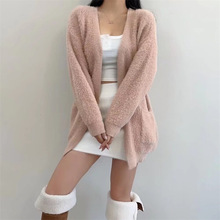 纯欲风软糯慵懒水貂毛中长款针织开衫宽松显瘦温柔保暖毛衣外套女