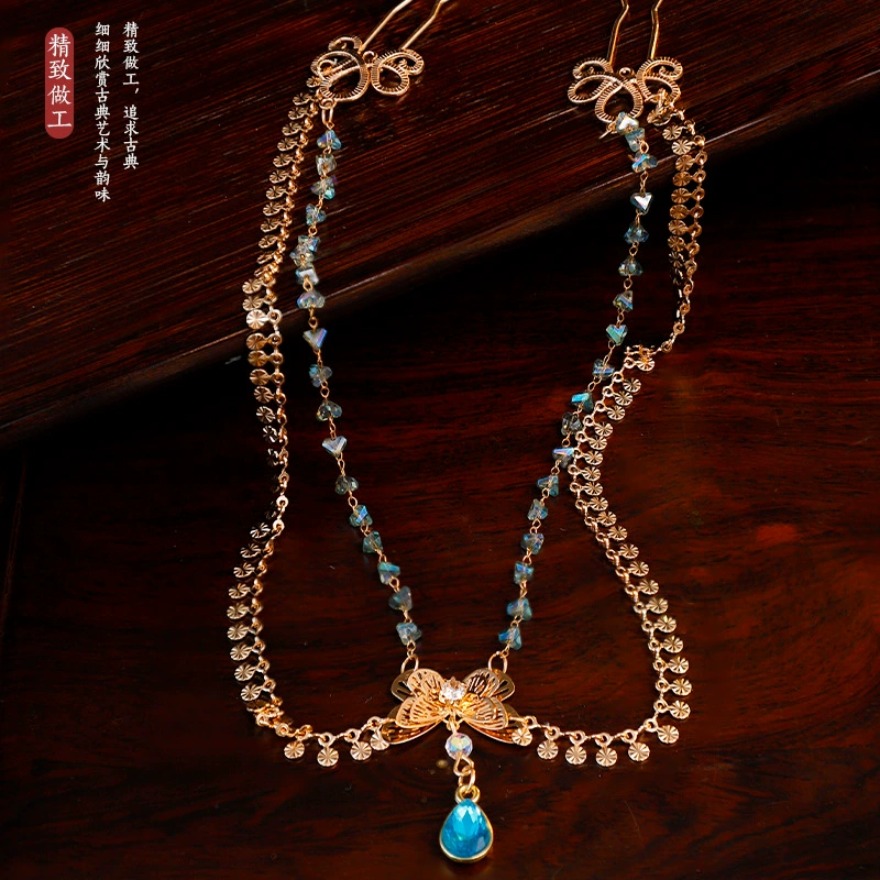 Древний головной убор, элегантный кулон на лоб в виде бабочки с каплями воды, аксессуар для волос с кисточками, древний костюмный украшение на лоб, женские аксессуары, экзотический стиль Дунхуань