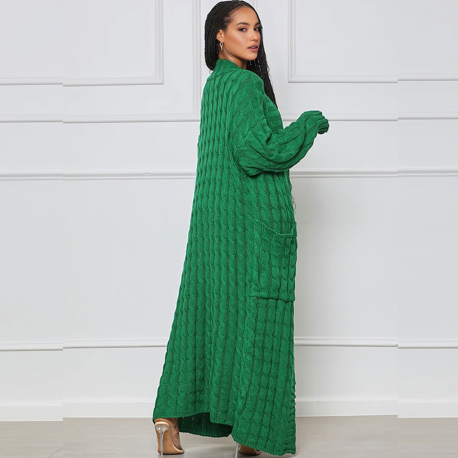 Damen Strickjacke Lang Aus Grobstrick In Unifarben Wintermantel_voghion.com