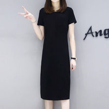 100纯棉短袖休闲连衣裙女2025新款夏季大码显瘦纯色中长款T恤裙子