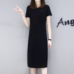 100純綿半袖カジュアルワンピース女性2025新型夏大サイズ痩せ純色ミディアムロングtシャツスカート