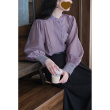 薄纱烟紫色长袖衬衫上衣女秋季新款复古钩花拼接灯笼袖衬衣