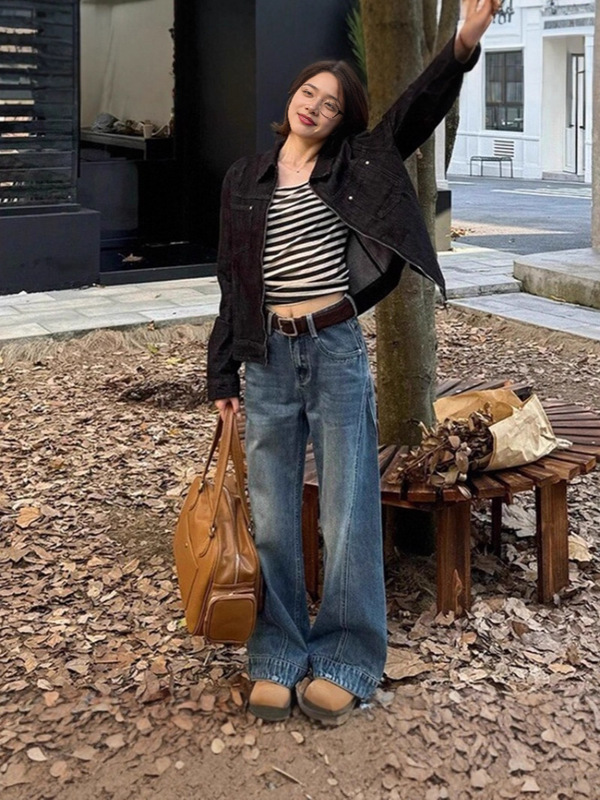大码女装复古蓝高腰阔腿裤女大码宽松修身显瘦弯刀牛仔裤|undefined
