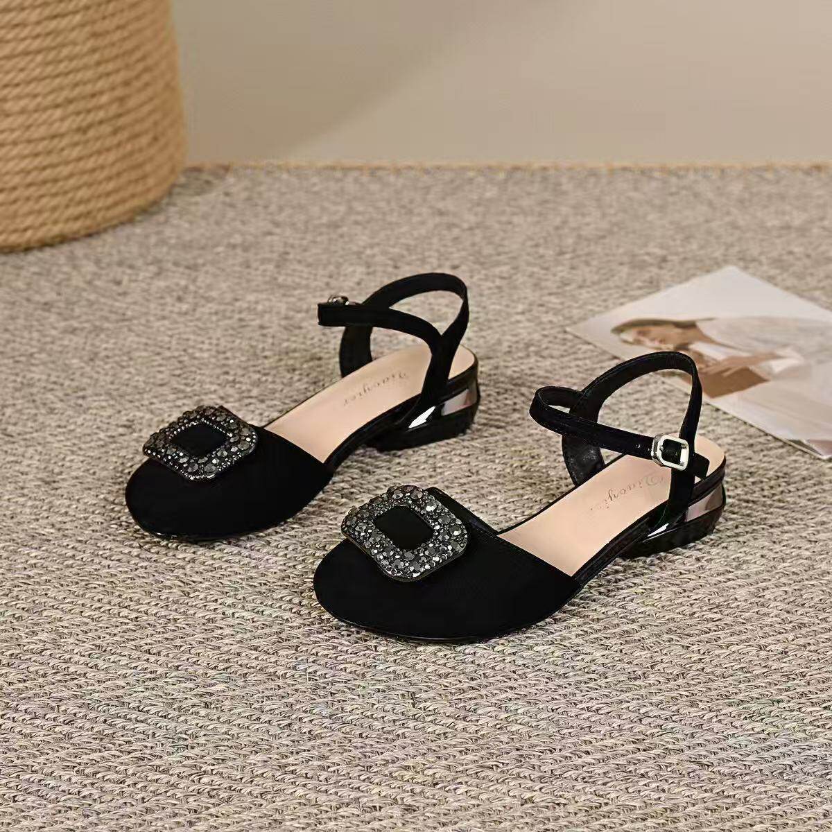 Sandal nữ da thật mũi trùm gót vuông khóa vuông đế mềm chống trượt — màu đen chi tiết 9
