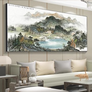 流水生财挂画客厅背景墙装饰办公室靠山图聚宝盆青绿山水风景字画-阿里巴巴
