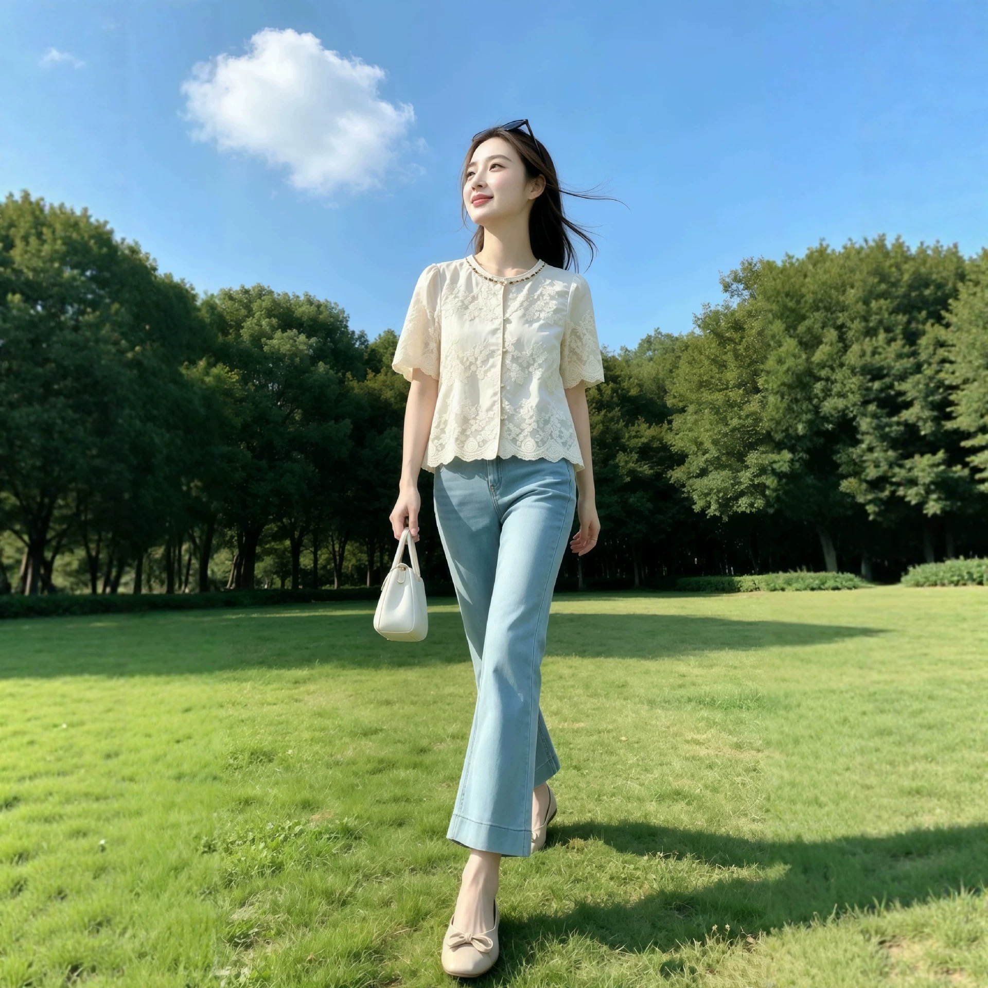 Áo sơ mi nữ tay ngắn ren thêu cao cấp, phối đính cườm, form suông nhẹ — màu trắng ngà chi tiết 2
