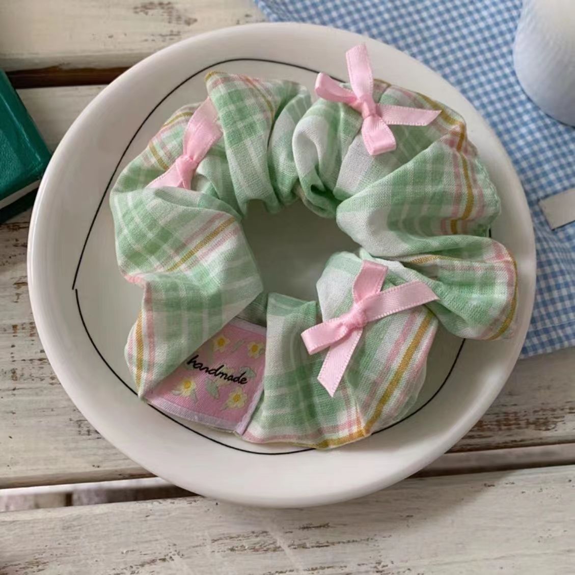 8#격자 무늬 보우 그린