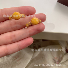 厂家批发 天然蜜蜡老蜡圆形戒指 S925银镶嵌