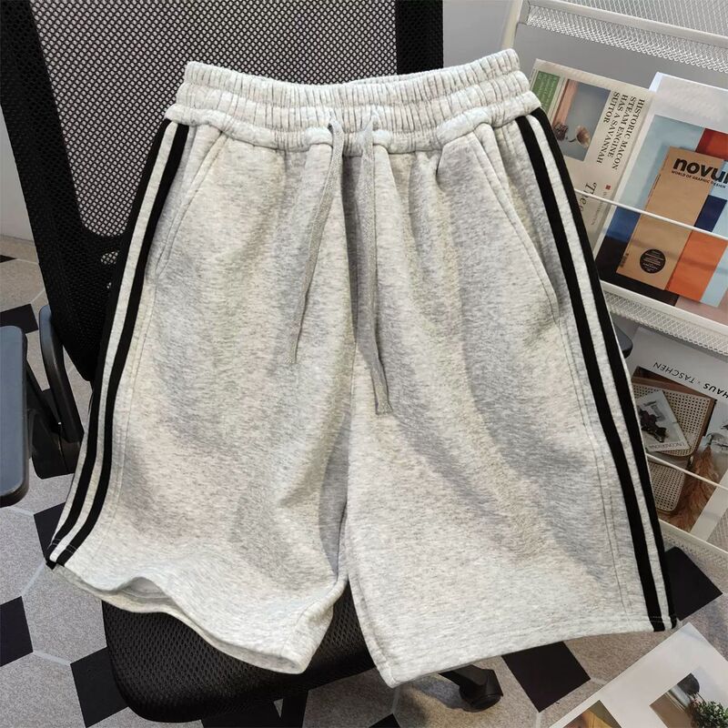 Three-Stripe Sports Shorts for Women, Thin Casual Loose Slimming High-Waisted Straight Wide-Leg Mid-Length Pure Cotton Shorts for Men
