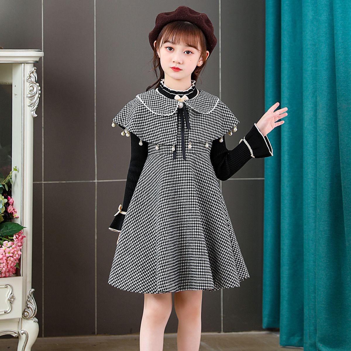 女童秋冬款连衣裙新款洋气小女孩8到12岁时髦两件套千鸟格套装裙