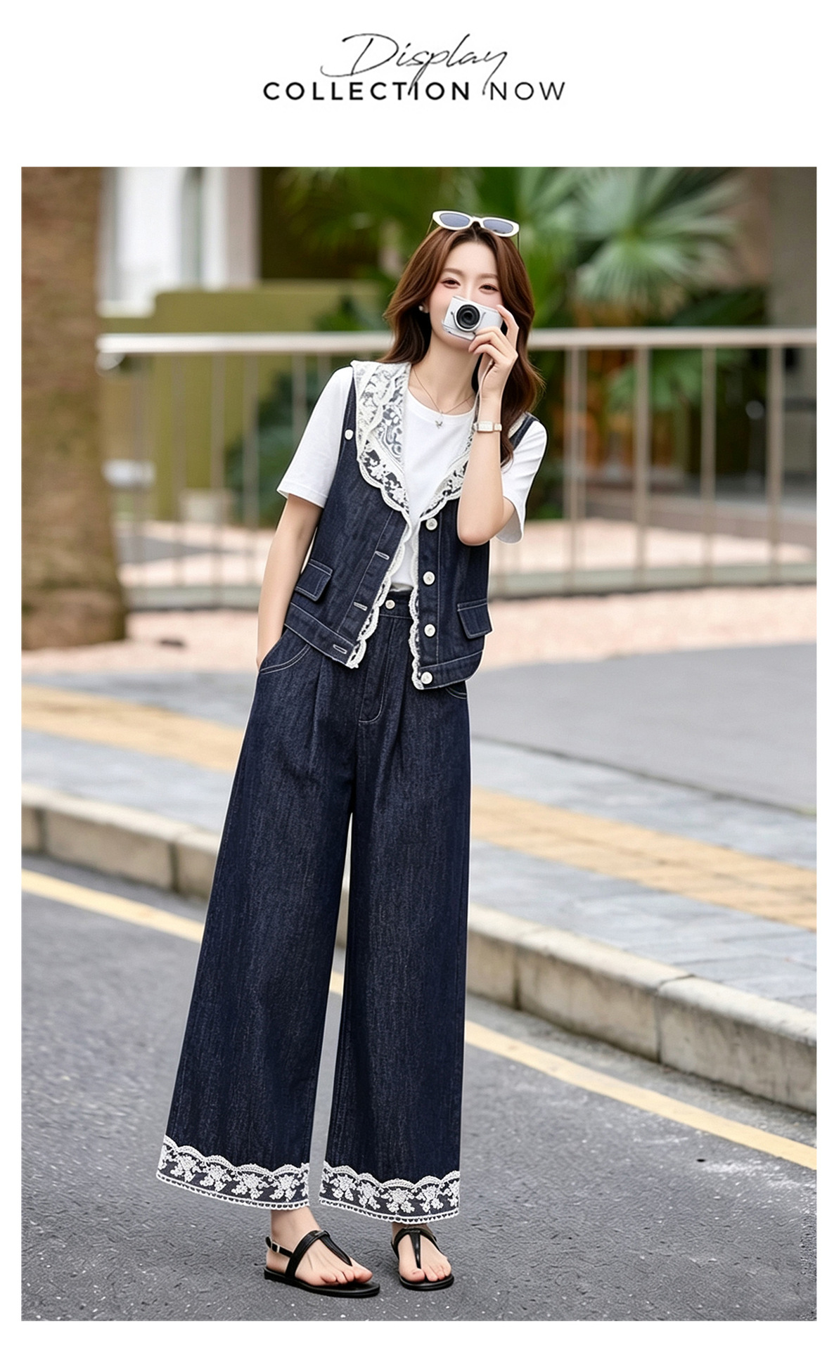 Bộ ba mảnh denim mùa hè 2026: áo khoác không tay mũ liền ren + áo thun + quần ống suông — Màu ảnh chi tiết 16