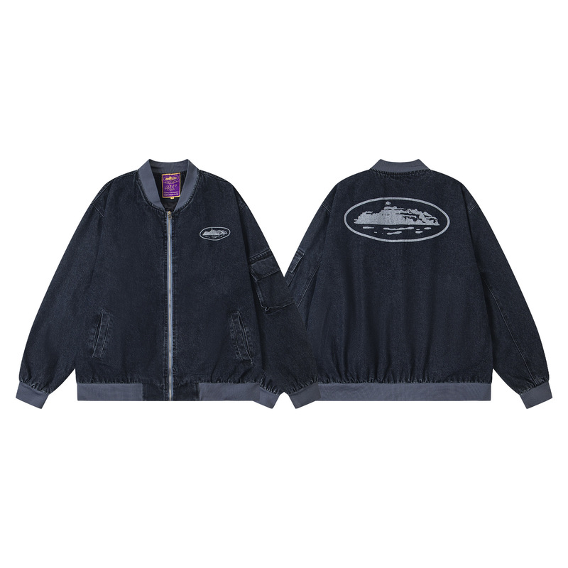 American Retro Bomber Jacket Baseball Collar Denim Casual Jacket for Men in Autumn
