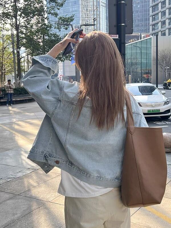 2025年春秋新款韩系宽松百搭夹克长袖上衣高级感复古蓝牛仔外套女|undefined