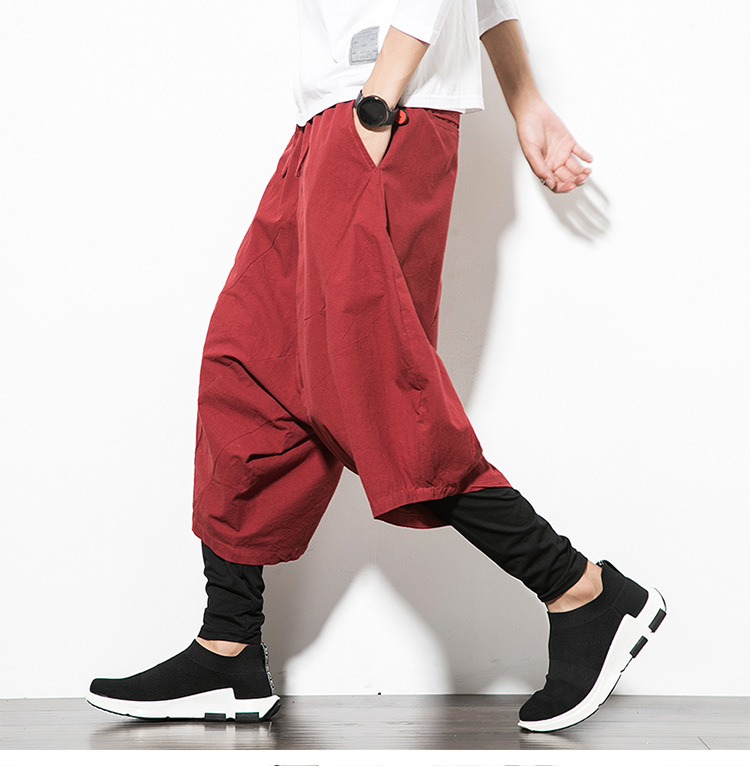 Comercio exterior 2022 verano estilo chino de los hombres de algodón y lino de bajo grado pantalones holgados pantalones grandes de la pierna de la moda de color sólido harén pantalones cortos