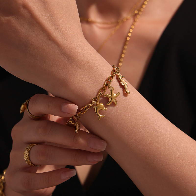 Fantasy Multi-Accessories DIY Stainless Steel Bracelet Fashion Exquisite Seahorse Dolphin Shell Pendant Hand and Foot Chain Combination