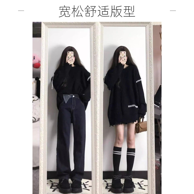 Ripped Ins-Style Autumn and Winter Loose Black Sweater for Women, Slim-Fit Niche Hot-Selling Knitwear, Cross-Border In-Stock
