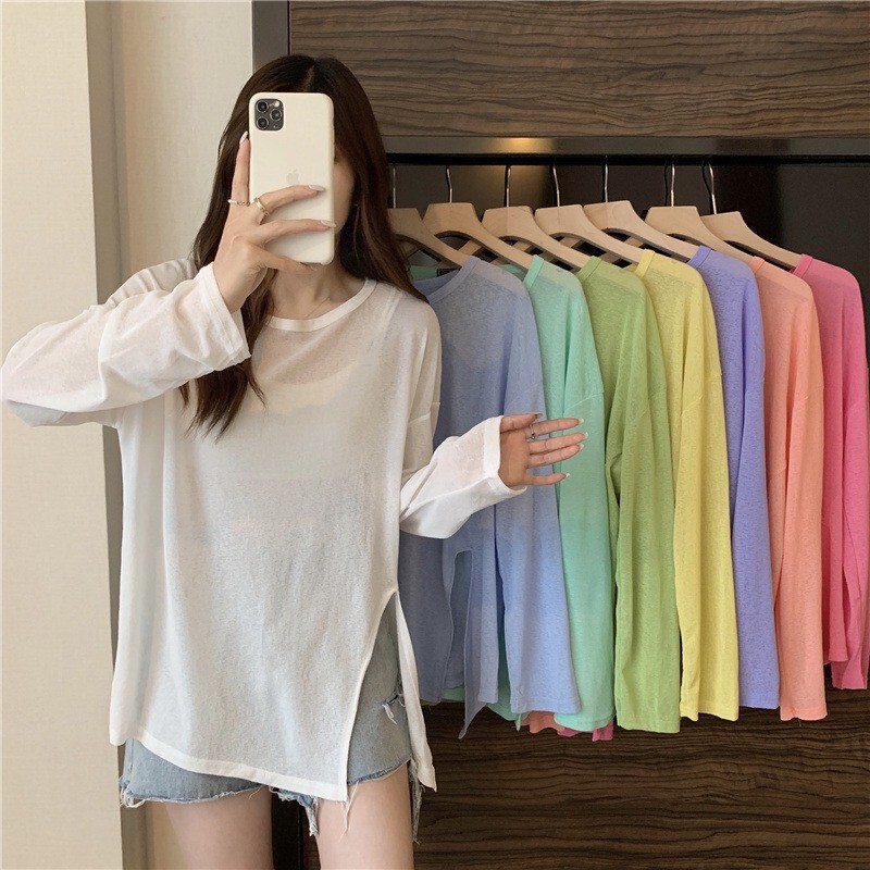 Thin Slightly See-Through Slit Sun Protection Long-Sleeved T-Shirt for Women Summer K-Style 2025 New Candy Color Loose Air-Conditioned Blouse