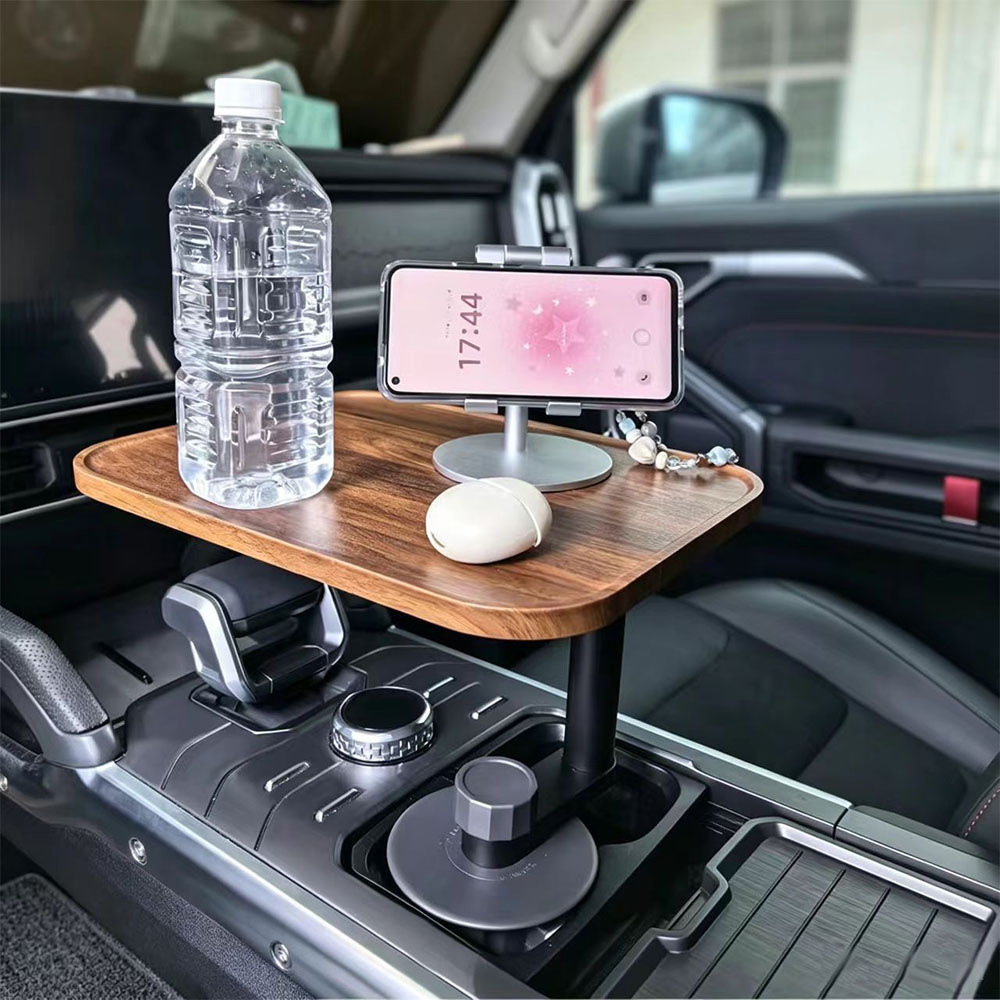 New wooden in-car floating tray with aluminum alloy base, ideal for Tesla and other universal cars, cup holder tray