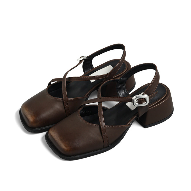 Cuerpo de cordero de hebilla cruzada estilo retrógrado francés sandalias de baquete para mujeres perezosas zapatos de talón grueso Mary Jane