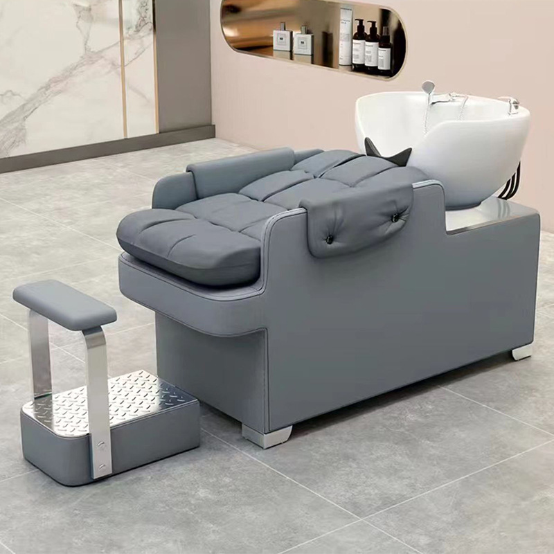 Cama de Champú Semi-reclinable para Salones de Belleza con Lavabo de Cerámica y Masaje de Pies, Sofá de Champú Semi-reclinable para Barberías