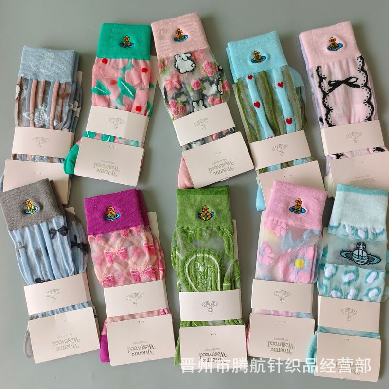 New Summer Western Queen Mother Crystal Silk Thin Women's Socks Light Luxury Fashion Transparent Glass Silk Color All-match Trendy Socks