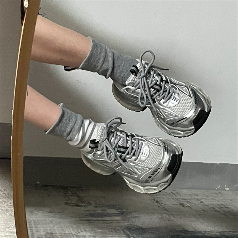 Zhao Lusi Same Silver Grey Torre Shoes Women's 2025 Autumn and Winter Explosions All-match Thick-soled Height-increasing Sports Casual Shoes