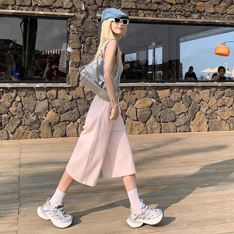 2026 Summer New Pink Cropped Jeans for Women, High-Waisted, Loose Fit, Versatile, Casual, Petite Wide-Leg Mid-Length Pants 2026 Summer New Pink Cropped Jeans for Women, High-Waisted, Loose Fit, Versatile, Casual, Petite Wide-Leg Mid-Length Pants