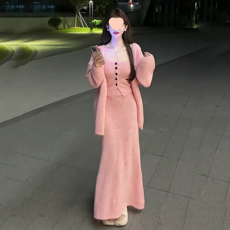 社会女秋冬三件套快手网红同款宽松毛衣外套+排扣背心+鱼尾半身裙|undefined