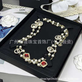 欧美时尚气质名媛小香风宫廷复古镶钻珍珠字母项链饰品厂家批发