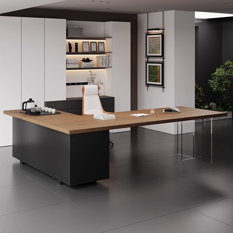 Solid Wood L-Shaped Boss Desk Tea Table Integrated Dual-Purpose Reception Negotiation Corner Table with Tea Table Classy