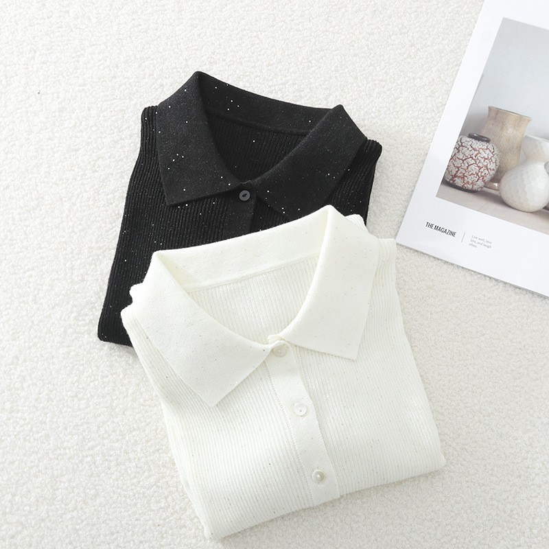Machine washable EP same style 2026 autumn/winter new shiny silk sweater elegant polo collar knitted cardigan Machine washable EP same style 2026 autumn/winter new shiny silk sweater elegant polo collar knitted cardigan