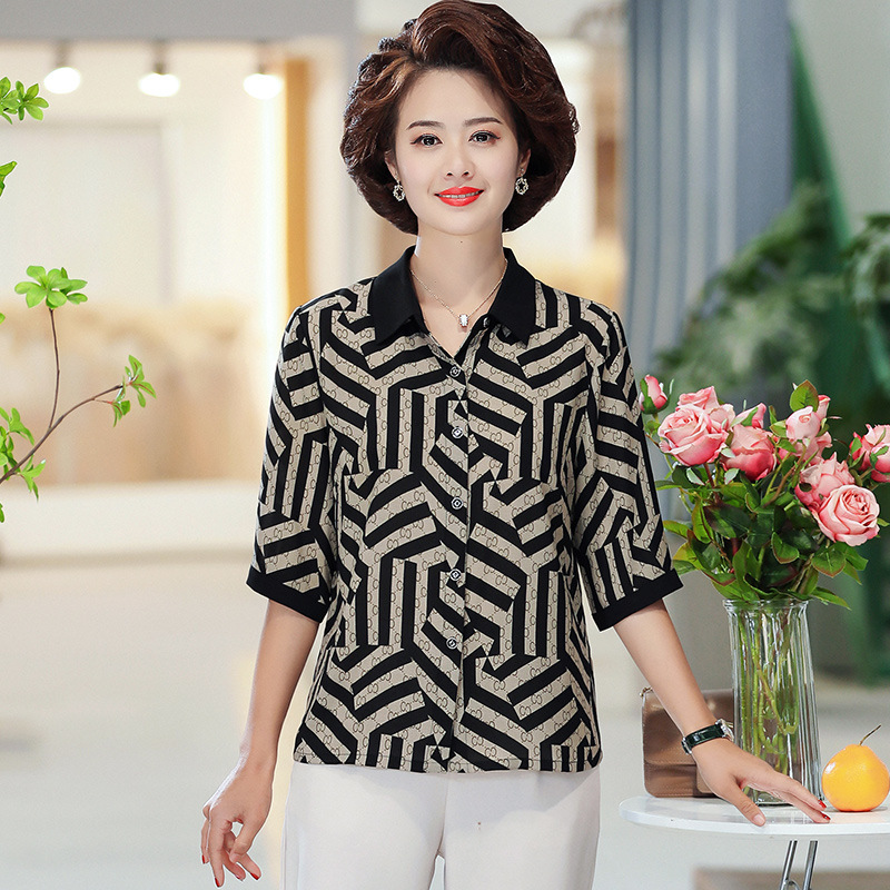 中老年妈妈夏季新款短袖T恤宽松大码气质时尚上衣雪纺衬衫40岁50