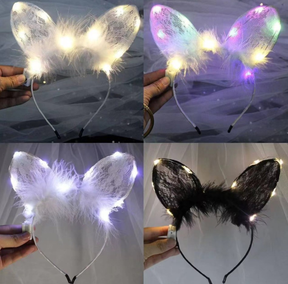 发光羽毛蕾丝兔耳朵