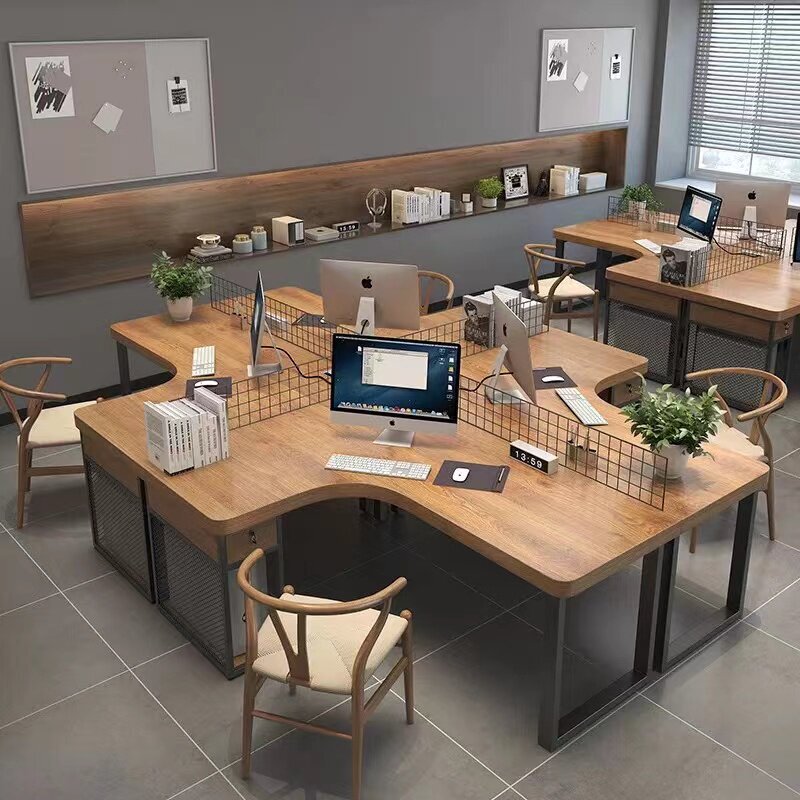 Industrial Style Solid Wood Workstation Table for 6 People, Staff Desk and Chair Set for 4 People, Corner Curved Computer Office Desk Industrial Style Solid Wood Workstation Table for 6 People, Staff Desk and Chair Set for 4 People, Corner Curved Computer Office Desk
