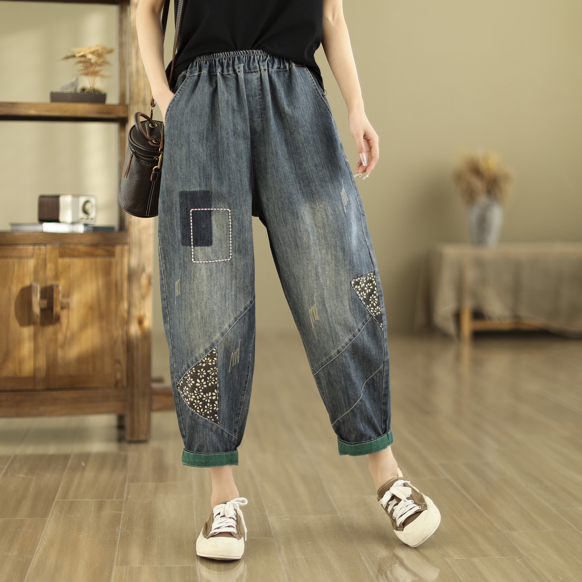 Spring and Summer new loose artistic retro jeans cropped harem pants stitching contrast color daddy pants for women