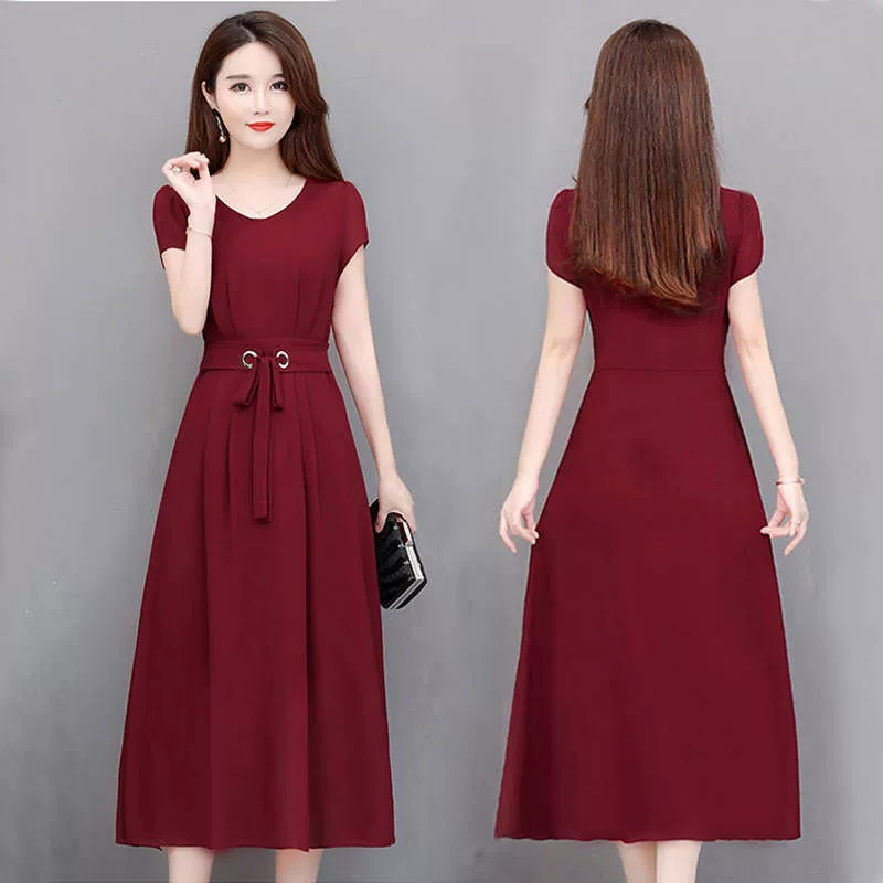 Платье длинное A‑образное миди, plus size, короткий рукав с приталенным поясом