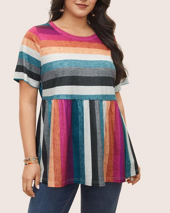 2024 Europa y los Estados Unidos verano nuevo tamaño de ropa de mujer fuente transfronteriza de color chaqueta a rayas casuales camiseta retro cómoda