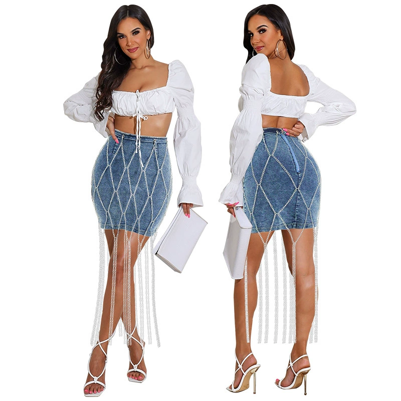 21839 трансграничная Европейская и американская Женская Осень 2021 новая сексуальная джинсовая юбка Серебряная цепочка активность крючок Amazon