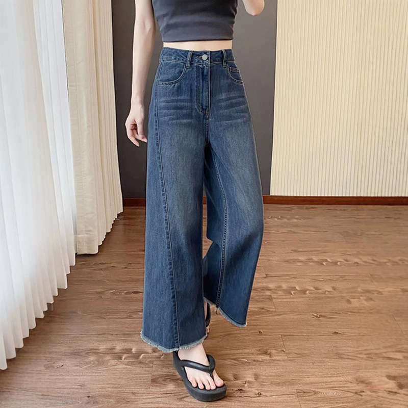 Nine-Point Wide-Leg Jeans for Women, Plus Size, Summer Thin High-Waisted Slimming Loose Straight-Leg Drapey Dark Blue Pants