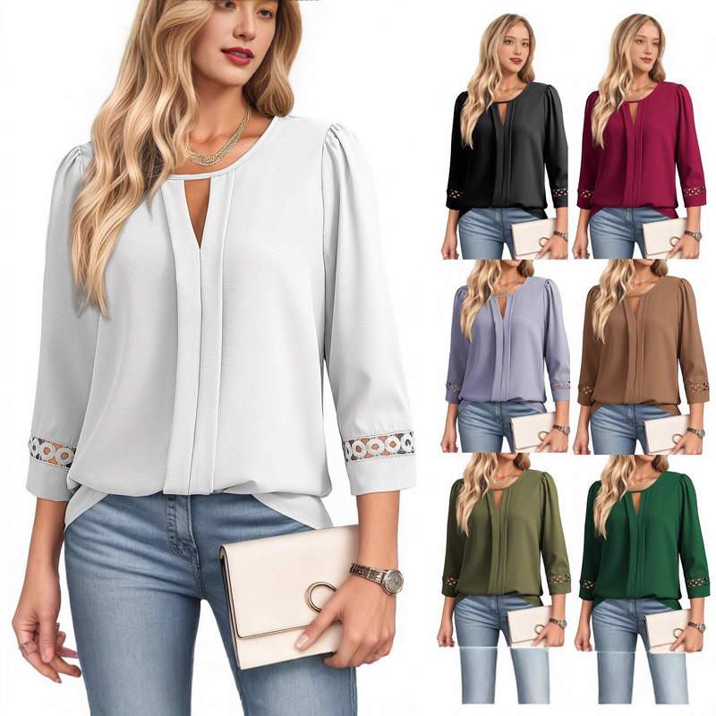 2026 Spring/Summer Amazon European and American Cross-Border Trade Women's Hollow Out Patchwork Lace Ruched Three-Quarter Sleeve Blouse Shirt