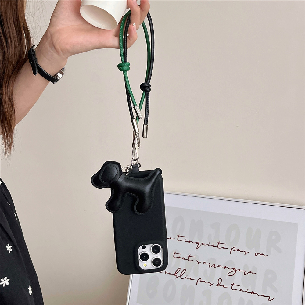 Perro salchicha de cuero de color sólido cuerda corta para iPhone 16ProMax funda para teléfono móvil 13 Apple 15 femenino 14 nuevo 16