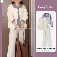 秋季冬装搭配一整套韩剧穿搭时尚盐系高级感独特毛衣棉服三件套装