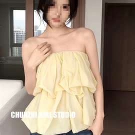 黄色多巴胺上下两穿/性感辣妹抹胸背心女夏季百搭蓬蓬花苞半身裙