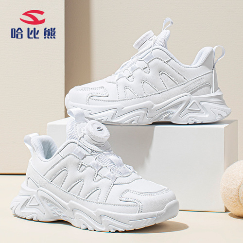 Habib Bear Children's Leather White Shoes Autumn Boys and Girls Rotating Button All White Running Shoes Dropshipping